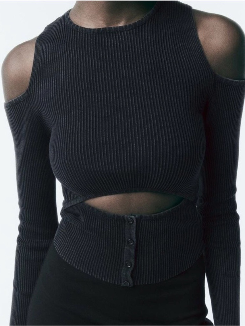 Zara Black Acid‎ Wash Ribbed Cold-Shoulder Cutout Sweater SM